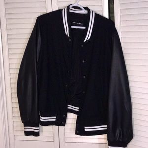 Plus Cropped Bomber Jacket with Faux Leather Sleeves
